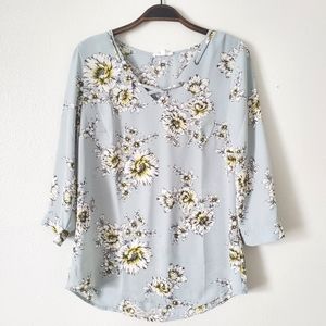 Blue Floral Quarter Sleeve Vneck Blouse
